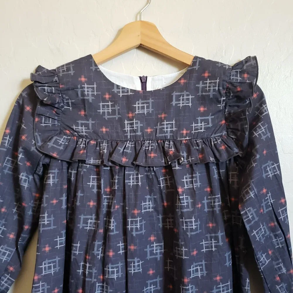 Wren & James Ruffle Bib Long Sleeve Cotton Shift Dress Navy Blue Sz Kids 10 NEW